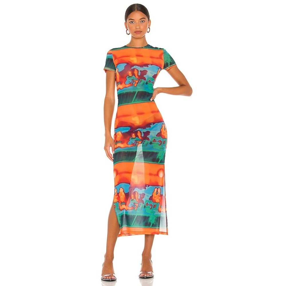 Miaou Billie Dress Thermal Print Mesh S Small Sheer Bodycon Maxi Dress Y2K Rave
